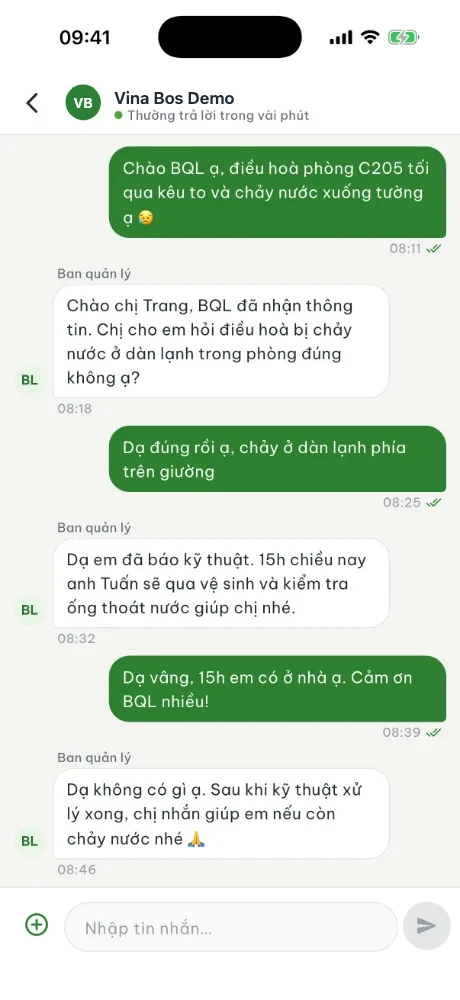 App VinaBos: nhắn tin với ban quản lý