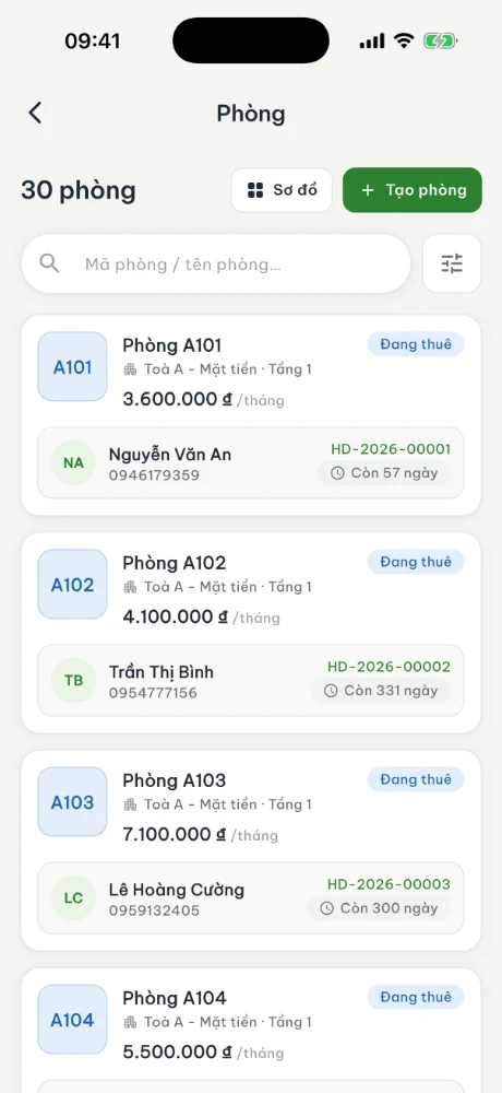 App VinaBos: danh sách phòng